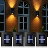 Solar LED Wandleuchte, 4 Stück 2 LEDs Solarlampen für Außen Solar Wandleuchte Aussen Solarleuchte Außen Wandleuchte Up & Down Light Dekorative, Solar Wandleuchten Dekorative für Hauswand Flur (Warm)