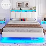 Brinlawb Polsterbett 140x200 cm Schwebebett mit LED-Beleuchtung, Kopfteil und Ladestation(2 AC-Steckdosen, 2 USB-Anschlüsse), Bett 140x200 mit Stauraum, Modern Doppelbett mit lattenrost, Leinen, Weiß