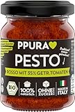 PPURA Bio Pesto Rosso mit 35% Sonnengetrockneten Tomaten | Rotes Pesto mit Parmigiano Reggiano & nat. Olivenöl Extra | Nudel-Soße Made in Italy | 100% Natürlich Ohne Zusatzstoffe | 120g Glas