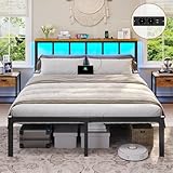 Brinlawb Bett 160x200 mit Lattenrost aus Metall, Bettgestell 160x200cm mit LED Beleuchtung & Ladestation (2 AC-Steckdosen,2 USB-Anschlüsse) Metallbett 160x200 cm mit Kopfteil und Stauraum Doppelbett