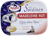 Appel Sardinenfilets - Zarte Ölsardinen Madeleine rot – Feine Fischfilets in aromatischem Olivenöl, ohne Haut - 10 x 105 g