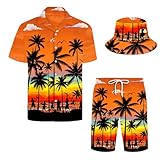 Moerstar Hawaiihemd Herren Kurzarm, 3 Teiliges Casual Kurzarmhemd Set mit Shorts Fischerhut, Ozean Palmen für Sommer Strand Party (Orange, XL)