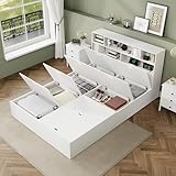 Zravenna Holzbett Stauraumbett 140x200cm mit Aufbewahrungsbox unter dem Bett, Kopfteil mit Mehreren offenem Ablagefächern,Doppelbett Funktionsbett mit Große Stauraum (Weiß A)