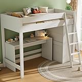 Kayan Kinderbett 90x200 cm, Hochbett mit Leiter, Schreibtisch und Kleiderschrank, Funktionsbett Kinderhochbett Jugendhochbett mit Rausfallschutz & Lattenrost, Weiß