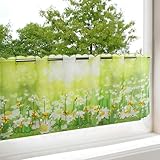 Delindo Lifestyle Scheibengardine Margeriten für die Küche, grüne Bistrogardine, 45x115 cm, Moderne und transparente Gardine für den Frühling und Sommer