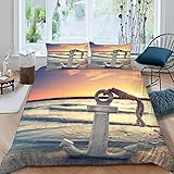 RFFLUX 3D Sonnenuntergang Strand Anker Bettwäsche Set 135x200 cm 2teilig mit Reißverschluss Weiche und Angenehme Schlafkomfort Microfaser Bettbezug Kinderbettwäsche mit Kissenbezug 80x80 cm