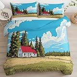 Bettwäsche 135x200 cm Anime Bauernhaus Blauer Himmel Weiße Wolken, Weiche Bügelfreie Cozy Mikrofaser Wendebettwäsche Set 3tlg, Mehrfarbig Schlafzimmer Deko, 2 Kissenbezug 80x80 cm - mit Reißverschluss