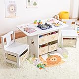 Yorbay Kindertisch mit 2 Stühle, Kindertisch mit Stauraum, 3tlg Kindersitzgruppe, Sitzgruppe für Kinder, Maltisch für Kinderzimmer, Spielzimmer, Vorschüler, Kindermöbel,Weiß