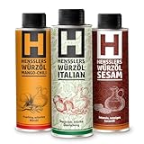 HENSSLERS Würzöl 3er Set – Italian aus Rapsöl und nativem Olivenöl, Sesamöl, Mango Chili Öl, ideal für warme und kalte Speisen, vegan, 3 x 250 ml