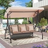 RYNSTO Outdoor Verandaschaukel mit verstellbarem Baldachin, Rückenlehne, 3 Personen Terrassenüberdachung Schaukel Textilene Bett mit seitlichem Getränkehalter, Kissen für Garten, Deck, Hinterhof,