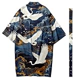 DAYKET Langer Kimono-Bademantel für Damen und Herren, Leicht, Bedruckt, Morgenmantel, Sieben Ärmel, Vorne Offen, Strickjacke, Bademantel im Japanischen Stil,Blue-L