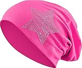 Jersey Baumwolle elastisches Long Slouch Beanie Unisex Herren Damen mit Strass Stern Steinen Mütze Heather in 35 (2) (Pink)