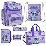Familando Mädchen Schulranzen 1. Klasse · ergonomischer Tornister · Disneys Lilo und Stitch Schultasche im Set (6-teilig mit Sporttasche)