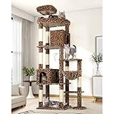 Globlazer Kratzbaum Leoparden XXL, Katzenbaum Groß hoch 213 cm mit 2 Große Höhlen, Plattform, Gepolsterte Sitzstangen, Korb, Sisal Kratzsäule, Stabil Katzenturm für 3-5 Große Katzen (F83, Leoparden)
