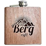 Der Berg ruft - Holz Flachmann! Geschenk Idee zum Wandern Klettern Bergsteiger Ski Fahrer Urlaub für Männer und Frauen