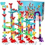 Jeffbaubl Murmelbahn Spielzeug,197 Stück Kugelbahn,Mehrfarbige Marble Run Set,Kugelbahn Lernspielzeug Bausteinspielzeug Konstruktionspielzeug für Kinder Jungen Mädchen(147 Bahnelementen + 50 Murmeln)