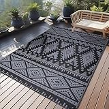Homaxy Outdoor Teppich Wetterfest, Kunststoff Stroh Faltbar Waschbar UV-beständig Wendbar Balkon Garten Teppich für Terrasse Camping Picknick (120 x 180 cm, Schwarz & Grau)
