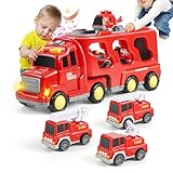 Weinsamkeit Spielzeug Auto ab 2 Jahren Feuerwehrauto Spielzeug für Kleinkinder 7 in 1 Kinder Transporter LKW Spielzeug mit Licht und Musik Weihnachten Geburtstagsgeschenke für Jungen Mädchen 2-5 Jahre