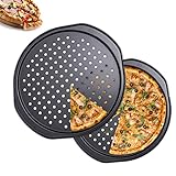 AZKEEGREY 2 Stück Pizzablech Rund 33cm, Pizza Backblech Gelocht Antihaft, Pizza Blech Runde Carbonstahl, Pizzaformen 36 x 33 x 1,5 cm