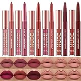 6 Matter Lippenstift mit 6 Lipliner Dauerhafter Lipgloss, langlebiger und wasserdichter Non-Stick Cup High Pigmented Samt Lipgloss Kit, Schönheitskosmetik Geschenk für Mädchen (12PCS)