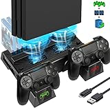 ASUNCELL PS4 Vertikaler Standfuß, PS4 Vertical Stand mit Lüfter PS4 Kühler PS4 Controller Ladestation für Playstation 4/PS4 Pro/Slim PS4 Halterung mit PS4 Ladestation mit 12 Spiele Lagerung