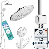 Duschsystem ohne Armatur Edelstahl rostfrei mit Druckknopf - 50% wasserspar Wellness Duschset ohne Armatur - Überkopfbrauseset - Regendusche mit Wandhalterung Komplettset für Dusche und Badewanne