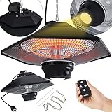 Arebos Deckenheizstrahler 2000 W + Fernbedienung | 3 Heizstufen | Infrarotheizstrahler | Terrassenheizer | Terrassenstrahler | Schwarz | hexagonal + LED-Lampe