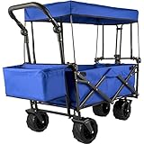 Zusammenklappbarer Gartenwagen mit Überdachung und Stauraum auf der Rückseite – Blau – Ideal für Camping, Lebensmitteleinkauf und Einkaufen