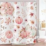 Hnmdmyi Duschvorhang Herbst 180x180, Rosa Kürbis Ahornblätter Herbst Thanksgiving Ernte Badewanne Vorhang Wasserdicht Polyester Stoff Waschbar Badevorhang für Badezimmer mit Haken