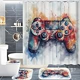 CYSYLQW Gaming Duschvorhang 180x200 Gamer Gaming Textil Gamepad Duschvorhänge Set Polyester Game Shower Curtain Badezimmerteppich 4-teiliges Set (180 x 200 cm(BxH),2)