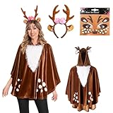 Deer Costume Ladies with Antlers Headband Tattoo Socks Reindeer Costume Adults Ladies Women Bambi Costume Ladies Carnival Costume Ladies Deer Poncho Cloak Fawn Deer Costume Ladies for Carnival