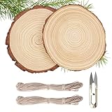 FINEASY Holzscheiben 2 Stücke Baumscheiben 18-20 cm Holz Log Scheiben Ca.15mm Dicke Runde Naturholz Baumscheiben mit zwei Hanfseil 10m, Holzscheiben für DIY, Basteln, Festliche Dekorationen