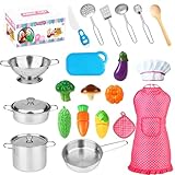 Tbintul Küchenspielzeug Zubehör, Kinderküche Kochgeschirr, Küchenzubehör Töpfe Holz & Edelstahl, Schürze und Kochmütze, Gemüse Lebensmittel Spielzeug Rollenspiele Set für Mädchen Jungen