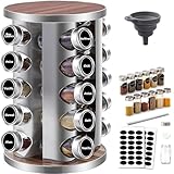 Gewürzregal mit 20 Gewürzgläsern 360° drehbar, Edelstahl Gewürzkarussell (430) mit Siebdeckeln, Gewürzständer stehend - Inkl. Etiketten, Stift & Trichter - Holzoptik, lebensmittelecht, staubdicht