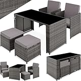 tectake Poly Rattan Sitzgruppe, 5- teiliges Lounge Gartenmöbel Set mit Tisch, Sessel & Hocker, Essgruppe für bis zu 4 Personen, Garten und Balkon Möbel inkl. Polster - grau