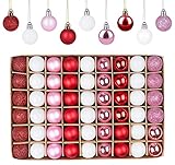 Weihnachtskugeln Plastik 54er Set, Christbaumkugeln 3CM, enthält Mini Weihnachtskugeln Weiß Rot Rosa, Bruchsicher Weihnachtsbaumschmuck mit Schlüsselband Kleine Kugeln Weihnachten