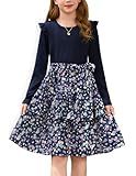 GRACE KARIN Festliche Mädchen Kleider Rundhals Langarm Blumenmuster Casual Partykleid Marineblau mit Lila Blume 12Jahre