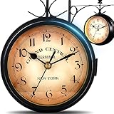 Retoo Bahnhofsuhr Doppelseitig, Bahnhofsuhr Wetterfest, Retro Zweiseitige Wanduhr Schwarz, Eisen Retro Wanduhr, Dekorative mit Halterung, Outdooruhr, Vintage