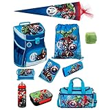 Familando Jungen Schulranzen 1. Klasse · Scooli Campus Fit Schultasche · ergonomisch & leicht · Schulranzen Set für Jungs und Mädchen (10-teiliges Set mit Schultüte, Marvel Avengers Hell-Blau)