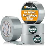 Hinrichs Panzertape silber - 4 Rollen 50m x 50mm Gewebeband - extra starkes Klebeband - wasserdichtes Panzerband - breites Gewebeklebeband grau - power Duct Tape für Innen und Außen