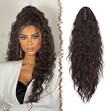 FESHFEN Pferdeschwanz mit Klammer, Lange Wellig Lockig Haarextension Synthetik Zopf Haarverlängerung Claw Clip in Haarteil Ponytail für Damen 65cm Dunkelbraun