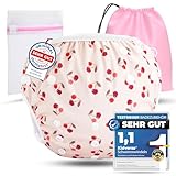 KIDVERSE Schwimmwindel Baby Badehose 0-3 Jahre - Hautfreundliche Schwimmwindeln wiederverwendbar & saugstark - Größenverstellbare Badewindel Baby Schwimmhose Tragetasche & Wäschenetz (Cherries)