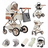 Kakbgee 3-in-1-Kinderwagen, Buggy Tragbarer mit Autositz, Der Kinderwagen-Schiebegriff ist Höhenverstellbar, Kombi Kinderwagen Mit Aluminiumrahmen für Neugeborene von 0-3 Jahren