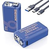 ENEGON 9V 2er-Pack Wiederaufladbare Batterie 5000mWh (1350mAh) mit Type-C-Ladung, in 3 Stunden Vollständig Geladen, Hochkapazitäts-Li-Ion-Akku für Rauchmelder, Multimeter, Drahtlose Mikrofone
