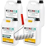 LEVEL PLUS 05 Tiefengrund Spezial 20L, Silikatgrundierung mit Kaliwasserglas, Reaktivgrundierung für Balkone, Keller, Terrassen + Farbroller Mikrofaser 25cm mit Bügel Set