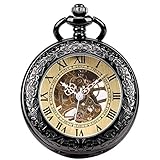 ManChDa Taschenuhr für Herren, Spezielle Lupe, Mechanisch, Handaufzug, Halbjäger, Römische Ziffern, Antike Schwarz Taschenuhr mit Kette