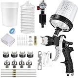 HVLP Lackierpistole Spritzpistole mit 4 Düsen-1,4/1,7/2,0/2,5mm, Lackierpistole Druckluft Schwerkraft Sprühgeräte mit 600ML Messbechern, 10 Einweg-Farbmischbechern und Deckeln, 20 Filtern (Schwarz)