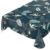 ANRO Wachstuchtischdecke abwaschbar Marmor : Gold Blue Leaves