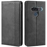 HualuBro Handyhülle für LG G8S ThinQ Hülle, Retro Leder Stoßfest Klapphülle Schutzhülle Handytasche LederHülle Flip Case Cover für LG G8S ThinQ Tasche, Schwarz