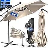 KESSER® Alu Ampelschirm LED Solar Ø350cm Inkl. Abdeckung Fernbedienung Kurbelvorrichtung Kurbelschirm mit Ständer 360° Funktion UV-Schutz Aluminium Wasserabweisend Garten-Schirm Marktschirm Beige